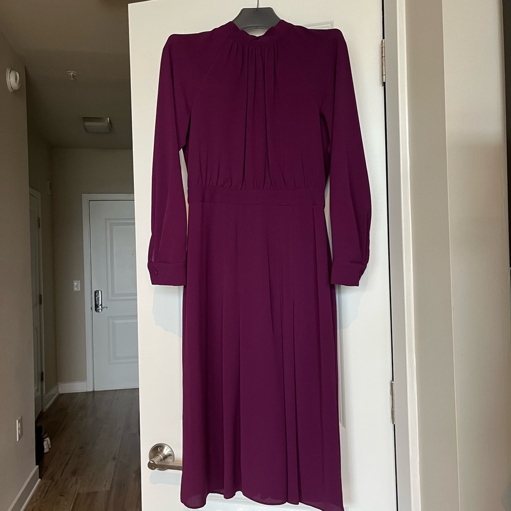 Maggy London Purple Bishop Sleeve Mock Neck Dress